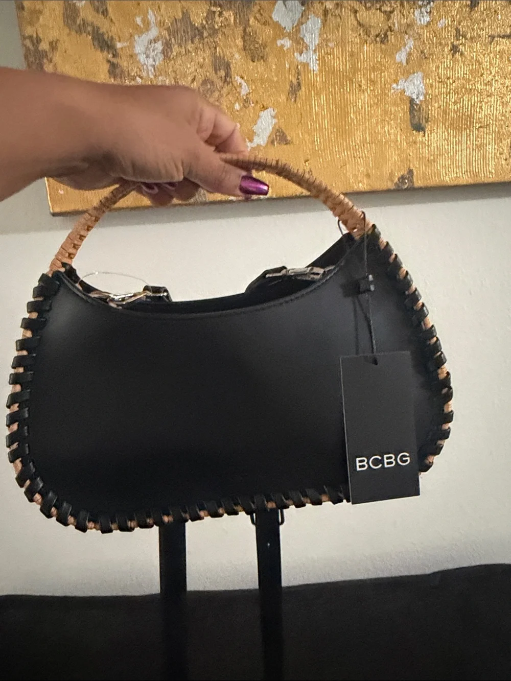 BCBG Black Hobo Bag with Tan Woven Handle
